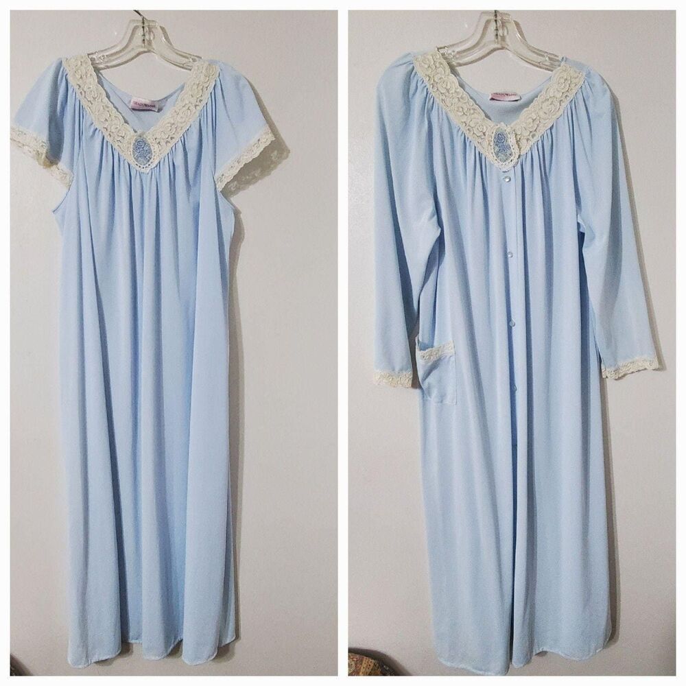 Vtg Shadowline Sheer Chiffon Lace Peignoir Set Robe & Nightgown Blue Sz Medium